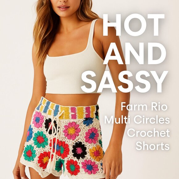 Farm Rio Multi Circles Crochet Shorts - Handmade Booty Short sz Large - Picture 1 of 11